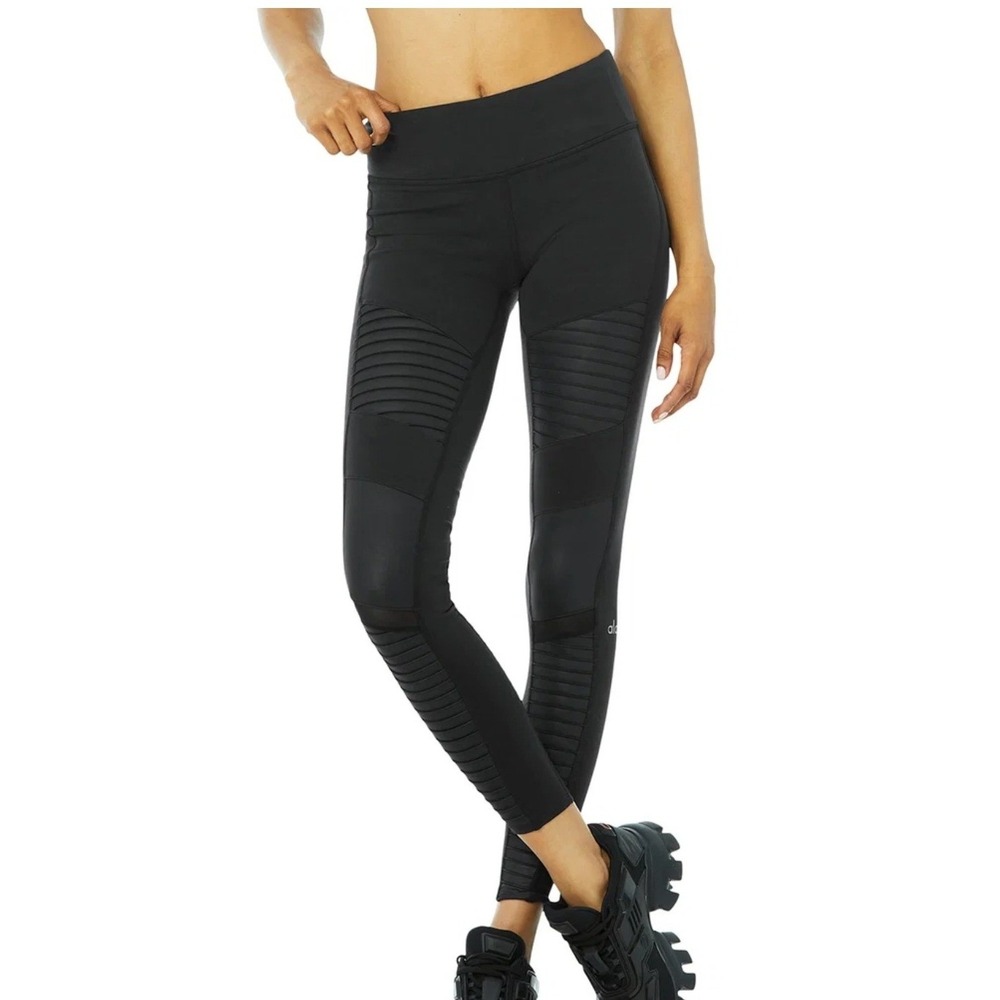 Alo Yoga High-Waist Moto Legging Black Glossy Sz M Edgy Biker Activewear